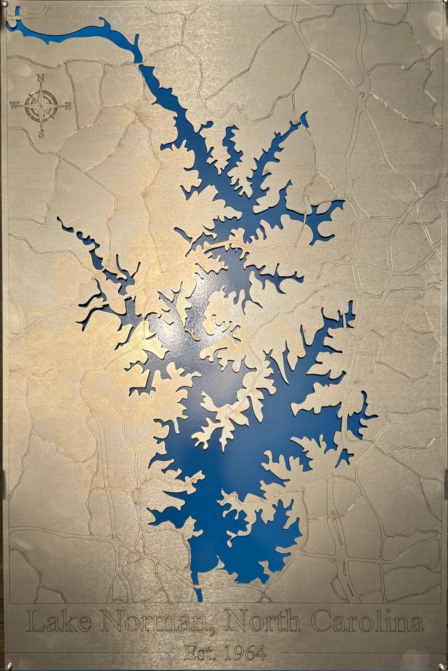 Lake Norman with Roads, Wall Mount Standoff, Blue Water